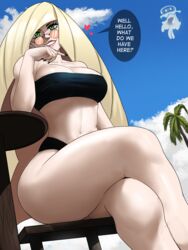 1girls 1milf 2022 absurd_res alternate_breast_size bikini black_bikini blonde_female blonde_hair breasts cougar cougar_milf dialogue echosaber english_text female female_only flirting_with_viewer green_eyes hips huge_breasts long_hair looking_at_viewer looking_over_eyewear looking_over_glasses looking_over_sunglasses low-angle_view lusamine_(pokemon) mature_female milf mother naughty_face nihilego nintendo orange-tinted_eyewear outdoors pokémon_(species) pokemon pokemon_sm seducing seductive seductive_pose seductive_smile slim_waist smile suggestive_look sunglasses text thick_thighs thighs tinted_eyewear wide_hips rating:Questionable score:432 user:ZetaReborn