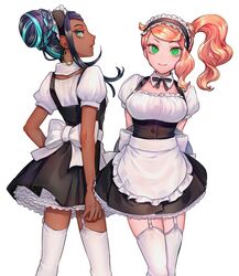 2girls apron arms_behind_back back big_breasts black_hair blue_highlights breasts cleavage dark_skin detached_collar earrings eyelashes eyeliner female female_only frills garter_belt garter_straps green_eyes hair_bun highlights_(coloring) holding_tray hoop_earrings large_breasts lingerie lipstick long_hair maid maid_apron maid_headdress maid_uniform makeup motomei nessa_(pokemon) nintendo orange_hair pokemon pokemon_ss puffy_sleeves side_ponytail skirt sonia_(pokemon) stockings thighhighs tray waist_apron rating:Questionable score:213 user:gusat