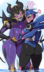 2girls airachnid angry annoyed arcee arcee_(prime) ass autobot big_ass big_breasts bikini_top blue_eyes blush breast_size_difference breasts butt cybertronian dat_ass decepticon dialogue dumptruck_ass female female_only glowing_eyes huge_ass huge_breasts lightsource purple_eyes robot robot_girl size_difference small_breasts text thick_thighs transformers transformers_prime wide_hips rating:Questionable score:826 user:Rex_Hollins