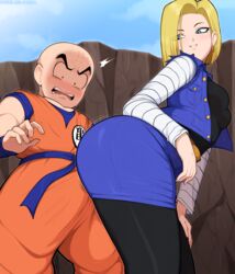 1boy 1girls afrobull android android_18 android_girl bald blonde_hair blue_eyes bulge buttjob dragon_ball dragon_ball_z female grinding huge_ass human krillin kuririn male teasing thick_thighs torn_sleeves vest wide_hips rating:Explicit score:689 user:Anonymous77