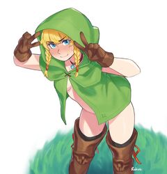 blonde_hair blue_eyes blush bottomless cloak clothing collar exposed_torso footwear gloves handwear hood_up hylian hyrule_warriors legwear linkle naked_under_clothes neckwear open_cloak open_clothes outerwear pale_skin rob_ishi sweat swimwear the_legend_of_zelda thigh_boots twintails rating:Explicit score:196 user:RatherNotSay