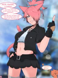 abdomen bullying cat_ears cat_tail catgirl crop_top final_fantasy final_fantasy_xiv gloves jacket lips looking_at_viewer middle_finger miniskirt miqo'te pink_hair skirt talking thighhighs woawdesu zephyr_winds rating:Explicit score:94 user:Zephyrpink