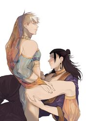 2boys anal anal_fingering arabian_clothes ass bare_shoulders black_hair blue_eyes bridal_gauntlets closed_mouth crossdressing detached_sleeves femboy fingering fingernails gay hair_between_eyes hair_bun halter_top halterneck hand_on_own_thigh jewelry jujutsu_kaisen long_hair looking_at_viewer male male/male male_focus midriff moy64904958 multiple_boys muscular muscular_male pants satoru_gojo short_hair simple_background smile suguru_geto thick_thighs thighs veil white_background white_hair yaoi rating:Explicit score:42 user:Kisumi