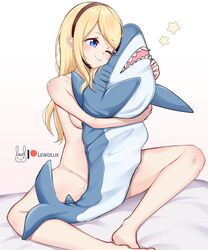 1girls artist_logo artist_name barefoot blahaj blonde_hair blue_eyes blush blushing completely_naked completely_nude completely_nude_female cuddling female female_only headband hugging_plushie ikea ikea_shark league_of_legends lewdlux light-skinned_female light_skin long_hair luxanna_crownguard naked nude nude_female one_eye_closed patreon_username plush_toy plushie shark_plush shark_plushie simple_background small_breasts solo star_symbol thick_thighs white_background wholesome rating:Questionable score:163 user:MoeMoeMoe