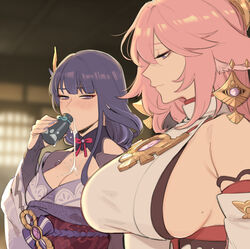 2girls animal_ears big_breasts blush breast_envy clothed earrings female female_only genshin_impact girl_staring_at_guy's_chest hair_ornament japanese_clothes kimono large_breasts lesbian maiqo meme mole mole_on_breast mole_under_eye pink_hair purple_eyes purple_hair raiden_shogun sake sideboob voluptuous yae_miko yuri rating:Questionable score:667 user:dedc23