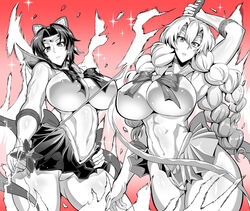 2girls alternate_breast_size alternate_costume big_breasts black_and_white black_hair bow breasts_bigger_than_head demon_slayer hair_ornament holding_object holding_sword holding_whip huge_breasts jet_puri kanroji_mitsuri kimetsu_no_yaiba kochou_shinobu large_breasts leotard long_hair nipple_bulge nipples skirt small_waist thick_thighs tummy whip wide_hips rating:Questionable score:158 user:Jamal_Laquari