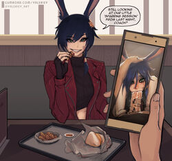 1boy 1girls bandage_on_face big_penis blowjob blue_hair bunny_ears bunny_girl cellphone clothed_female crop_top cum cum_in_mouth cum_on_hair cum_overflow english_text erection eyeshadow fellatio female final_fantasy final_fantasy_xiv fingerless_gloves food green_eyes hand_on_head hetero image_comparison juxtaposition leather_jacket light-skinned_female light-skinned_male light_skin looking_at_viewer makeup male male/female mascara mascara_tears nail_polish oral penis phone_view photo_comparison pov runny_makeup smile smirk speech_bubble square_enix text valerie-v viera rating:Explicit score:1276 user:uploadstuff