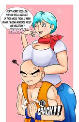 1boy 1girls alternate_breast_size asian asian_female big_ass big_breasts blue_eyes blue_hair breasts breasts_on_head bulma_briefs cleavage curvaceous curvy curvy_female curvy_figure dialogue dragon_ball dragon_ball_super dragon_ball_z female hi_res highres huge_breasts jeans krillin kuririn large_breasts light-skinned_female light_skin male male/female married_woman mature_female milf mother scarf speech_bubble tejapaynensfw text thick_thighs white_shirt wife rating:Explicit score:19 user:King_of_Zob