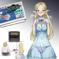 1boy1girl blonde_female blonde_hair blue_negligee blush breasts breath_of_the_wild cartridge clothing crt electronics famicom female game_cartridge game_console game_controller green_eyes hairclip humanoid hylian japanese_text lingerie link link_(breath_of_the_wild) long_hair male medium_breasts monbetsu_kuniharu negligee nintendo pale_skin panties pink_panties playing_videogame princess_zelda the_legend_of_zelda underwear watching zelda_(breath_of_the_wild) rating:Explicit score:115 user:gusat