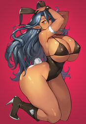 armlet ass bikini_top boots breasts bunny_ears dark-skinned_female dark_elf dark_skin earrings fake_animal_ears gurimjang high_heel_boots high_heels huge_ass huge_breasts kneeling leotard long_hair nipple_bulge original pointy_ears thick_thighs wide_hips rating:Questionable score:134 user:Dic