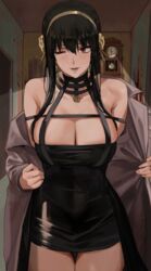 1girls bare_shoulders black_dress black_hair breasts clothing coat hartman_hips hi_res j@ck latex long_hair one_eye_closed red_eyes rose solo solo_focus source_request spy_x_family tagme thick_thighs yor_briar yor_forger rating:Questionable score:135 user:damanjunpei