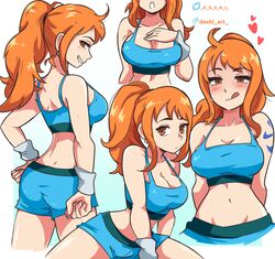 1girls big_breasts breasts cleavage curvy dashi_art female female_only gym_clothes gym_shorts horny horny_female long_hair midriff nami one_piece orange_hair ponytail seductive shoulder_tattoo solo tattoo rating:Questionable score:354 user:countgaylol