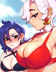 2girls big_breasts bikini blush blush_lines blushing blushypixy blushyspicy breast_awe breast_envy breasts busty cleavage clothed female fighter_(spicy_quest) flustered girl_staring_at_guy's_chest kaye_(blushypixy) large_breasts meme observing original rogue_(spicy_quest) size_difference spicy_quest sweat sweatdrop sweating swimsuit tagme yuri rating:Explicit score:220 user:conmazda