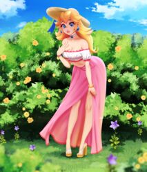 blonde_female blonde_hair blue_eyes breasts earrings female floral_background flower frills grass hat hat_ribbon highres jewelry long_hair looking_at_viewer mario_(series) melkcoffee pink_dress princess_peach sandals skirt smile solo rating:Questionable score:96 user:MelkCoffee