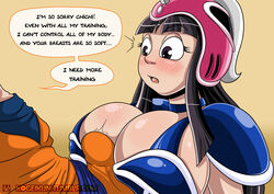 big_breasts black_hair blush blush_lines blushing brown_eyes bulge bulge_through_clothing chichi chichi's_armor choker comic covered_nipples dragon_ball dragon_ball_z female kogeikun large_breasts male outfit_reference partial_male penis rubber rubbing rubbing_penis shock shocked son_goku surprise surprised surprised_expression rating:Explicit score:57 user:meucu2