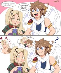 angel angel_wings bite blonde_hair blue_eyes brown_hair cunnilingus karbuitt kid_icarus meme nintendo pit pit_(kid_icarus) ponytail sometimes_i_wonder_how_i_taste thinking viridi yellow_eyes rating:Questionable score:157 user:RatherNotSay