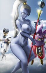 1girls 2boys angel_(dragon_ball) anthro big_breasts blue_skin breasts cabba champa clothing dragon_ball dragon_ball_super elitenappa feline female looking_at_viewer male nipples purple_eyes purple_skin saiyan see-through see-through_clothing skimpy skimpy_clothes smile staff thick_thighs vados white_hair wide_hips rating:Explicit score:311 user:moistlover