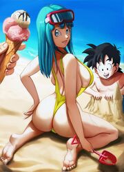 ass barefoot beach blue_eyes blue_hair cameltoe dragon_ball elitenappa feet ice_cream maron novasayajingoku sand sideboob son_gohan son_gohan_(young) rating:Explicit score:215 user:moistlover