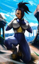 1girls battle_armor big_breasts black_eyes black_hair cameltoe cleavage dragon_ball dragon_ball_super female female_only holding_breast kale lipstick novasayajingoku saiyan_armor solo vegeta_(cosplay) rating:Safe score:149 user:moistlover