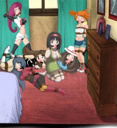 6girls arms_tied_behind_back ball_gag bedroom bondage bound bound_ankles bound_arms bound_legs bound_wrists breasts clothed erika_(pokemon) female female_only femsub fully_clothed gag gagged green_(pokemon) jessie_(pokemon) kasumi_(pokemon) kneeling leaf_(pokemon) multiple_girls multiple_subs poke_ball_gag pokemon restrained sabrina_(pokemon) tied_up rating:Explicit score:20 user:Dbking