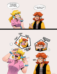 2girls big_breasts blonde_female blonde_hair breasts brunette casual clothing dark_skin dialogue female human mario_(series) meme misunderstanding nintendo outerwear pale_skin princess_daisy princess_peach seggs_(meme) sometimes_i_wonder_how_i_taste speech_bubble tagme text thegreyzen wristwear yuri rating:Safe score:182 user:conmazda