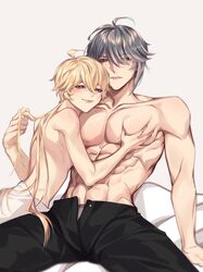 2boys abs aether_(genshin_impact) alhaitham_(genshin_impact) biceps bishonen blonde_hair genshin_impact grey_hair hi_res long_hair long_hair_male male male_only muscular muscular_male pants pecs pectoral_grab pectoral_squeeze pectorals ponytail rourouki smile toned toned_male topless twink yaoi rating:Questionable score:127 user:Monalicious