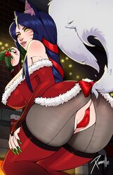 1girls ahri ass blue_hair blush christmas christmas_clothing christmas_lights christmas_outfit ears_up fire_place furry_tail green_nails hips league_of_legends looking_at_viewer mistletoe red_stockings solo stockings tagme tail thick_thighs thighs white_tail xinaelle rating:Questionable score:135 user:Darkality