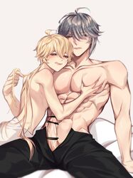 2boys aether_(genshin_impact) alhaitham_(genshin_impact) bar_censor bishonen censored clothed erection genshin_impact long_hair long_hair_male male male_focus male_only muscles muscular muscular_male penis penis_out rourouki twink yaoi rating:Explicit score:128 user:Franhahn