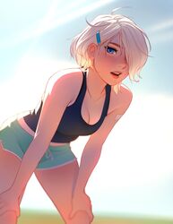 1girls audi_(tsuaii) bent_over blonde_female blonde_hair blue_eyes cleavage female_only female_solo hands_on_knees one_eye_obstructed original original_character sfw solo_female solo_focus sports_bra sportswear sweat tsuaii rating:Safe score:262 user:Justasillygoose