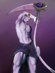 bare_chest bolloxxxz cloth hades_(game) looking_at_viewer male male_only muscles muscular muscular_male partially_clothed scythe silver_hair thanatos_(hades) thick_thighs twunk rating:Questionable score:36 user:holymolygay