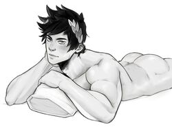 ass black_and_white bolloxxxz hades_(game) laurel_crown laying_on_stomach male male_only monochrome muscles muscular muscular_male nude_male twunk uncolored zagreus rating:Questionable score:31 user:holymolygay