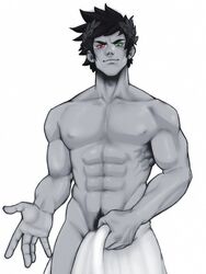 1boy bolloxxxz covered_crotch covering_crotch hades_(game) heterochromia laurel_crown limited_palette male male_only muscles muscular muscular_male nude_male pubes towel towel_only twunk uncolored zagreus rating:Questionable score:34 user:holymolygay