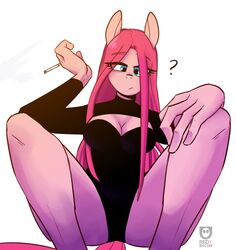 ? anthro anthrofied blue_eyes breasts cigarette cleavage clothed clothing earth_pony equid equine female friendship_is_magic fur furry furry_only hair hasbro horse leotard mammal my_little_pony pink_body pink_fur pink_hair pinkamena_(mlp) pinkie_pie_(mlp) pony question_mark redxbacon simple_background solo straight_hair tail white_background rating:Questionable score:54 user:Polio101