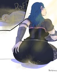 ass ass_on_face big_ass billdenovo blue_hair butt butt_crush byleth_(fire_emblem) byleth_(fire_emblem)_(female) clothing fart farting_in_face female female_focus fire_emblem fire_emblem:_three_houses giantess light-skinned_female sitting_on_person size_difference rating:Explicit score:100 user:j1os8e