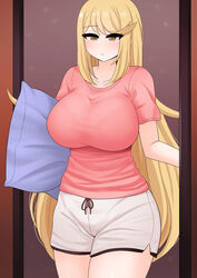 blonde_hair breasts large_breasts long_hair mythra nintendo pajamas pillow pink_shirt shirt shorts the_only_shoe white_shorts xenoblade_(series) xenoblade_chronicles_2 yellow_eyes rating:Safe score:61 user:gusat