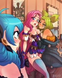 3girls big_breasts blue_eyes blue_hair blush breasts embarrassed female female_only grabbing grabbing_breasts green_eyes green_hair gwen_(league_of_legends) indoors khartemis large_breasts league_of_legends lesbian_sex medium_hair multiple_girls muscular only_female panties pink_hair riot_games seraphine_(league_of_legends) short_hair small_breasts spread_legs sweat sweatdrop thick_thighs tongue yuri zeri_(league_of_legends) rating:Explicit score:116 user:warzone34