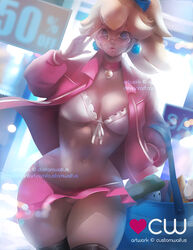 1girls blonde_female blonde_hair blue_eyes bra breasts choker cleavage coat coat_open customwaifus earrings eyelashes eyeliner female female_only frills glasses heart-shaped_sunglasses jacket large_breasts lingerie lipstick long_hair makeup mario_(series) miniskirt mushroom nintendo panties pattern_bra ponytail princess_peach shopping_bag skirt stockings store super_mario_bros. rating:Explicit score:60 user:gusat