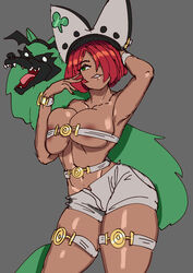 areolae bathsalts1 breasts bursting_breasts cosplay dark_skin giovanna_(guilty_gear) green_eyes guilty_gear huge_breasts large_breasts red_hair rei_(guilty_gear) thick_thighs wide_hips rating:Explicit score:68 user:kallen2020