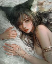 1girls ahri breasts female female_only fluffy fluffy_tail fox_ears fox_tail hi_res hugging_tail league_of_legends light-skinned_female light_skin medium_breasts nixeu nude nude_female painting_(artwork) realistic sideboob rating:Explicit score:142 user:deleted8863