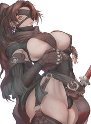 1girls 2d abs absurdres assassin bandage_over_one_eye bandaged_arm bandaged_head bandages black_thighhighs breasts brown_gloves brown_hair brown_scarf cameltoe closed_mouth covered_abs covered_navel covered_nipples eyelashes female female_only fingerless_gloves gloves highres katana kuromoro long_eyelashes long_hair looking_at_viewer ninja nipple_slip nipples o-ring orange_eyes original pink_lips ponytail scabbard scarf see-through sheathed simple_background skull_print solo sword thighhighs torn torn_clothes very_long_hair weapon white_background rating:Explicit score:168 user:bot