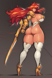 bikini_armor bursting_breasts curvy dat_ass female_warrior gurimjang high_heels huge_ass huge_breasts long_hair looking_at_viewer looking_back original original_character red-haired_warrior_(gurimjang) red_hair sideboob skimpy_clothes thick_thighs thighhighs thong rating:Questionable score:131 user:LustBoy5432