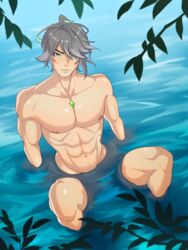 1boy abs alhaitham_(genshin_impact) blush blushing_at_viewer genshin_impact gray_hair green_eyes looking_at_viewer male male_focus male_only muscular muscular_male naked nude nude_male pecs pectorals river skinny_dipping solo solo_male rating:Questionable score:45 user:azzazz