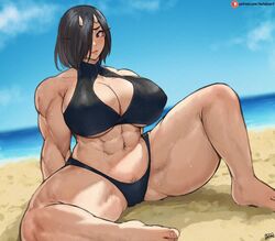 1girls batako beach big_breasts black_hair breasts female female_only hair_over_one_eye horns looking_at_viewer medium_hair muscles muscular muscular_female olga_(plus-sized_elf) oni oni_horns outdoors pink_lips plus-sized_elf purple_eyes sand seaside sitting smiling_at_viewer solo solo_female swimsuit thick_thighs rating:Questionable score:288 user:conmazda