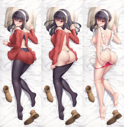 apron ass assassin back bangs bare_back bare_legs bare_shoulders barefoot black_bra black_hair black_panties black_pantyhose blush boots boots_removed bra breasts brown_footwear clothes_pull dakimakura_(medium) earrings feet female frilled_apron frills from_behind full_body hair_between_eyes hairband hand_on_own_ass highres jewelry lipstick long_hair long_sleeves looking_at_viewer looking_back lying makeup medium_breasts multiple_views naked_apron nipples no_bra off-shoulder_sweater off_shoulder on_bed on_stomach panties panty_pull pantyhose pantyhose_pull parted_lips pillow pillow_grab pulled_by_self pussy pussy_juice red_eyes red_panties red_sweater ribbed_sweater sheet_grab shoe_soles sidelocks smile soles spy_x_family sweatdrop sweater thighs thong thorn_princess toes uncensored underwear undressing very_long_hair washout008 white_apron white_hairband yor_briar rating:Explicit score:210 user:bot