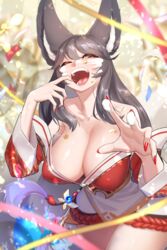 9_tails ahri animal_ear_fluff animal_ears animal_girl big_breasts black_hair breasts busty cleavage clothing eyelashes eyeliner eyeshadow facial_markings female fluffy fluffy_ears fluffy_tail fluffy_tails fox fox_ears fox_girl fox_tail furry_tail happy huge_breasts humanoid inner_ear_fluff kemonomimi kitsune large_breasts league_of_legends light-skinned_female light_skin long_hair massive_breasts multiple_tails nine_tailed_fox pale-skinned_female pale_skin riot_games tail vastaya video_games yabby yellow_eyes rating:Explicit score:117 user:LewdVesani