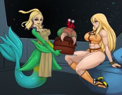 2022 2girls apron apron_only birthday birthday_cake blonde_hair cake casual_outfit_(metroid) commission crossover eirhjien female high_heels human league_of_legends marai mermaid metroid monster_girl nami_(league_of_legends) samus_aran shorts tank_top yuri rating:Safe score:7 user:Lungdrakkar