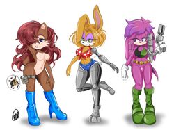 4girls anthro anthro_only archie_comics armpits arms_up artist_signature big_breasts blouse boots breasts bunnie_rabbot cleavage collared_shirt cyborg denim_shorts eyelashes eyeliner eyeshadow female female_only furry furry_only garter gloves gun heart heels hi_res high_heels julie-su long_hair makeup medium_breasts medium_hair nicole_the_lynx nipples nude pepamintop sally_acorn sega shirt shorts simple_background sonic_(series) sonic_the_hedgehog_(archie) sonic_the_hedgehog_(comics) sonic_the_hedgehog_(series) very_long_hair wide_hips rating:Questionable score:44 user:Mistress_Elizabeth