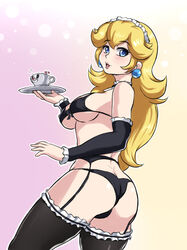 ass black_bra black_garter_straps black_panties blonde_female blonde_hair blue_eyes bra breasts crossover cuphead cuphead_(game) earrings enmaided female garter_belt garter_straps holding_plate leonart long_hair maid maid_headdress maid_uniform mario_(series) medium_breasts nintendo panties plate princess_peach thighhighs rating:Explicit score:88 user:gusat