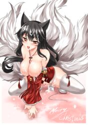 1girls :p ahri animal_ears bare_shoulders black_hair blush breasts christmas cum cum_drip cum_in_pussy cum_inside cum_on_breasts cum_on_face cum_on_thighs cumdrip detached_sleeves facial female fox_ears fox_tail fur furry_tail humanoid league_of_legends long_hair merry_christmas miyuki_rei multiple_tails no_panties orange_eyes panties santa_costume side-tie_panties solo tail thighhighs tongue tongue_out underwear white_legwear white_panties rating:Explicit score:56 user:bot