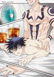 2boys :q abs anal arm_tattoo ass ass_grab bangs bite_mark black_hair black_nails blush chest_tattoo closed_eyes commentary_request completely_nude couple cup drink drinking_glass electric_fan eyelashes facial_tattoo fingernails fushiguro_megumi hand_grab hickey highres iced_tea jujutsu_kaisen male_focus male_only multiple_boys nail_polish navel nipples nude open_mouth panels pectorals ryoumen_sukuna_(jujutsu_kaisen) sato_zero915 sex sex_from_behind sheet_grab short_hair shoulder_tattoo spiked_hair stomach_tattoo tattoo tongue tongue_out yaoi rating:Explicit score:30 user:bot